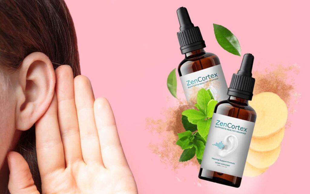 Bottle of ZenCortex hearing support supplement with natural ingredients for ear health and tinnitus relief
